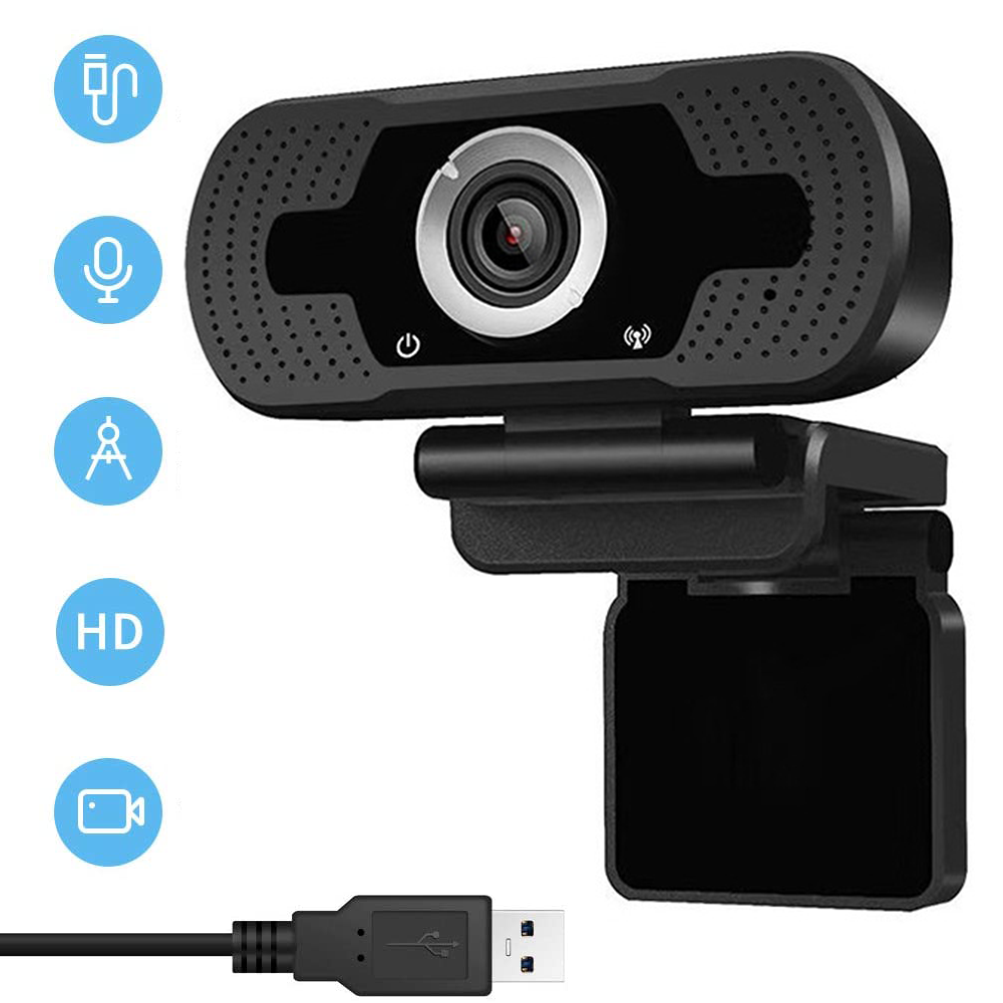 Schwarzer USB-Webcam mit Mikrofon, HD-Symbolen und Kabel.