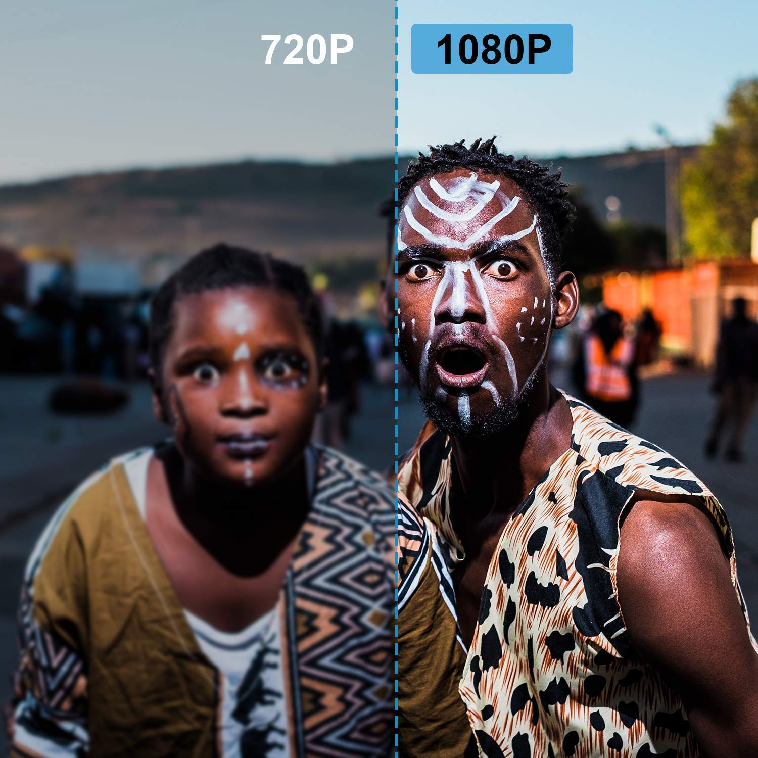 Geteilte Ansicht: Links ein Kind in 720p, rechts ein Erwachsener in 1080p.