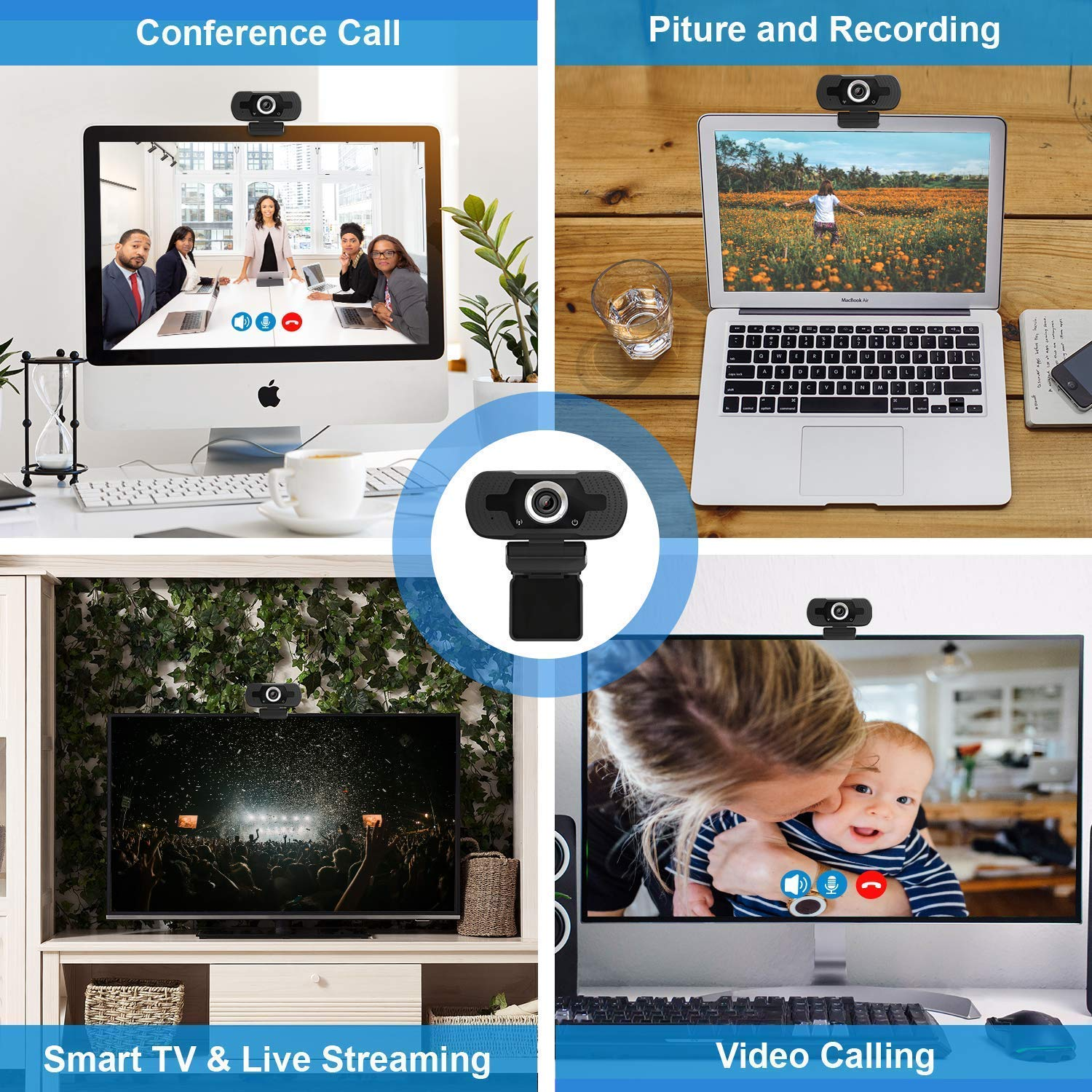 Collage zeigt Webcam-Nutzung: Konferenzanruf, Aufnahme, Live-Streaming, Videoanruf.