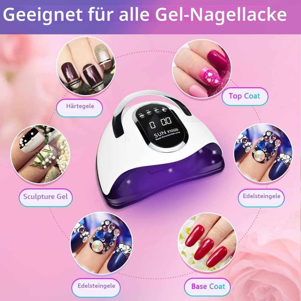 UV-Nagellampe mit Beispielen für Gel-Nägel: Härtegele, Top Coat, Edelsteine, Base Coat.