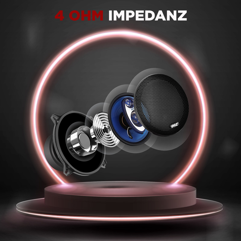 Explodierte Ansicht eines Lautsprechers mit 4 Ohm Impedanz auf einem Podest.