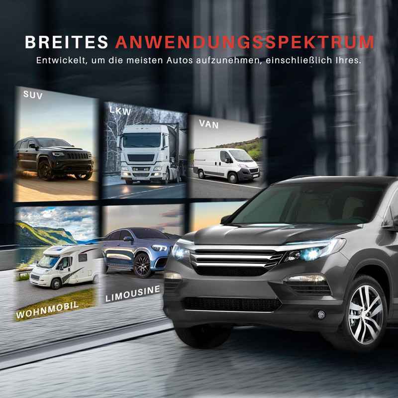 Vielfältige Fahrzeuge: SUV, LKW, Van, Wohnmobil, Limousine und ein dunkles Auto.