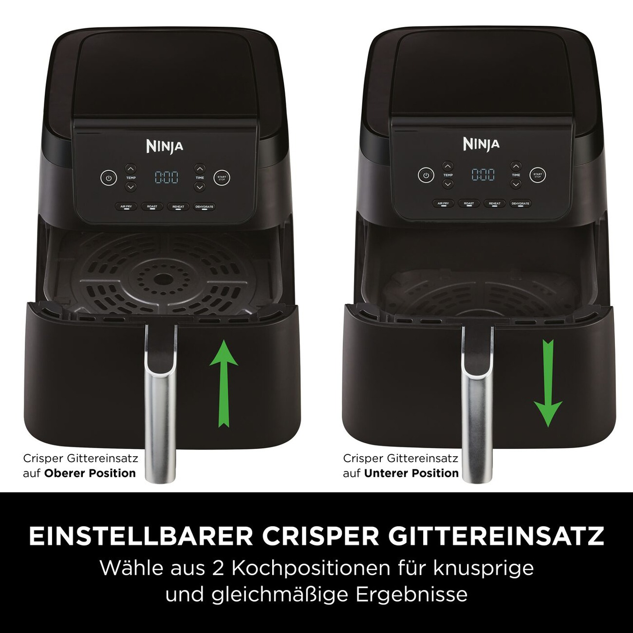 Zwei Ninja Heißluftfritteusen zeigen die obere und untere Position des Crisper-Einsatzes.