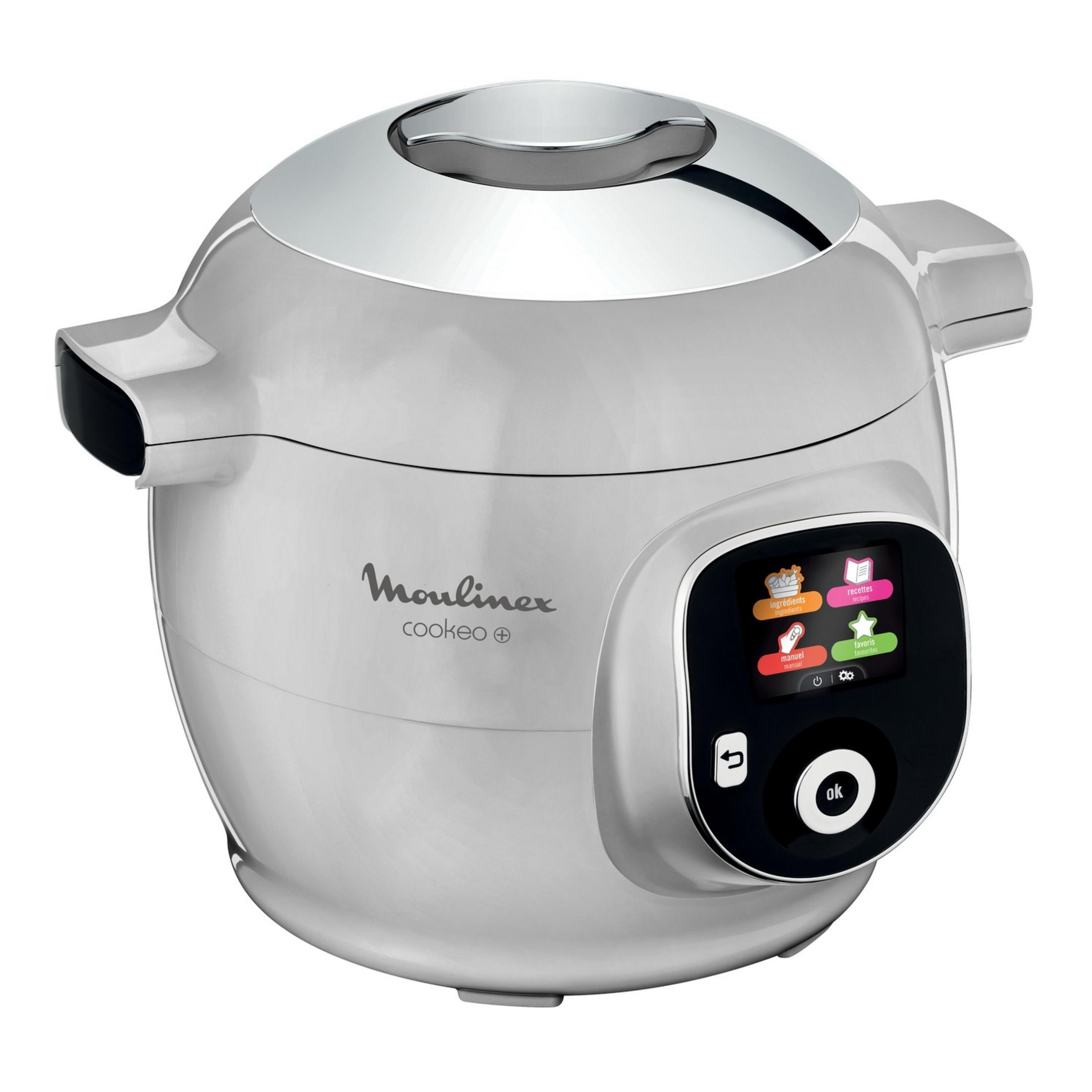 Un multicuocitore Moulinex Cookeo argentato con schermo a colori e pulsanti.