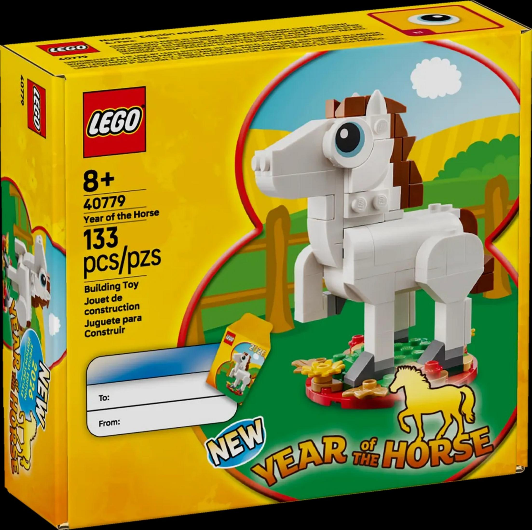 Beyaz LEGO atlı LEGO "At Yılı" seti, kırsal bir sahnede.