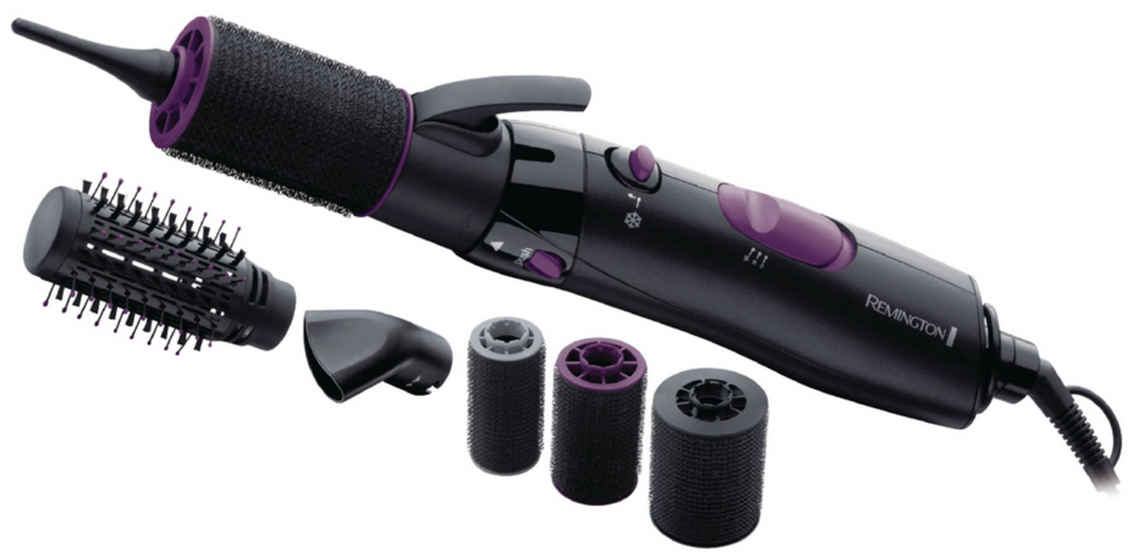 Mor vurgulu ve çıkarılabilir aparatlı siyah Remington saç kurutma makinesi.