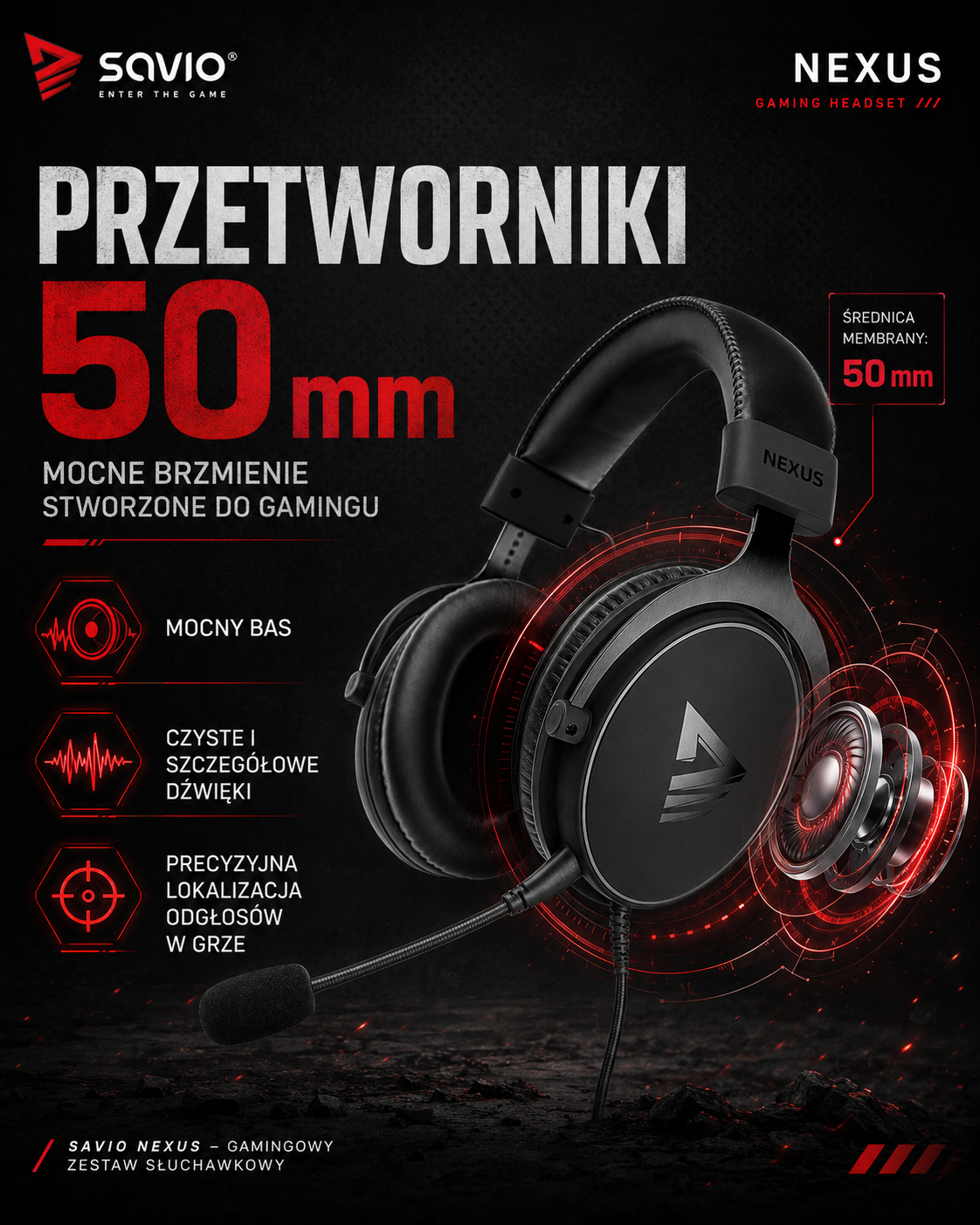 Czarne słuchawki gamingowe z mikrofonem i czerwonymi akcentami, przetworniki 50mm.