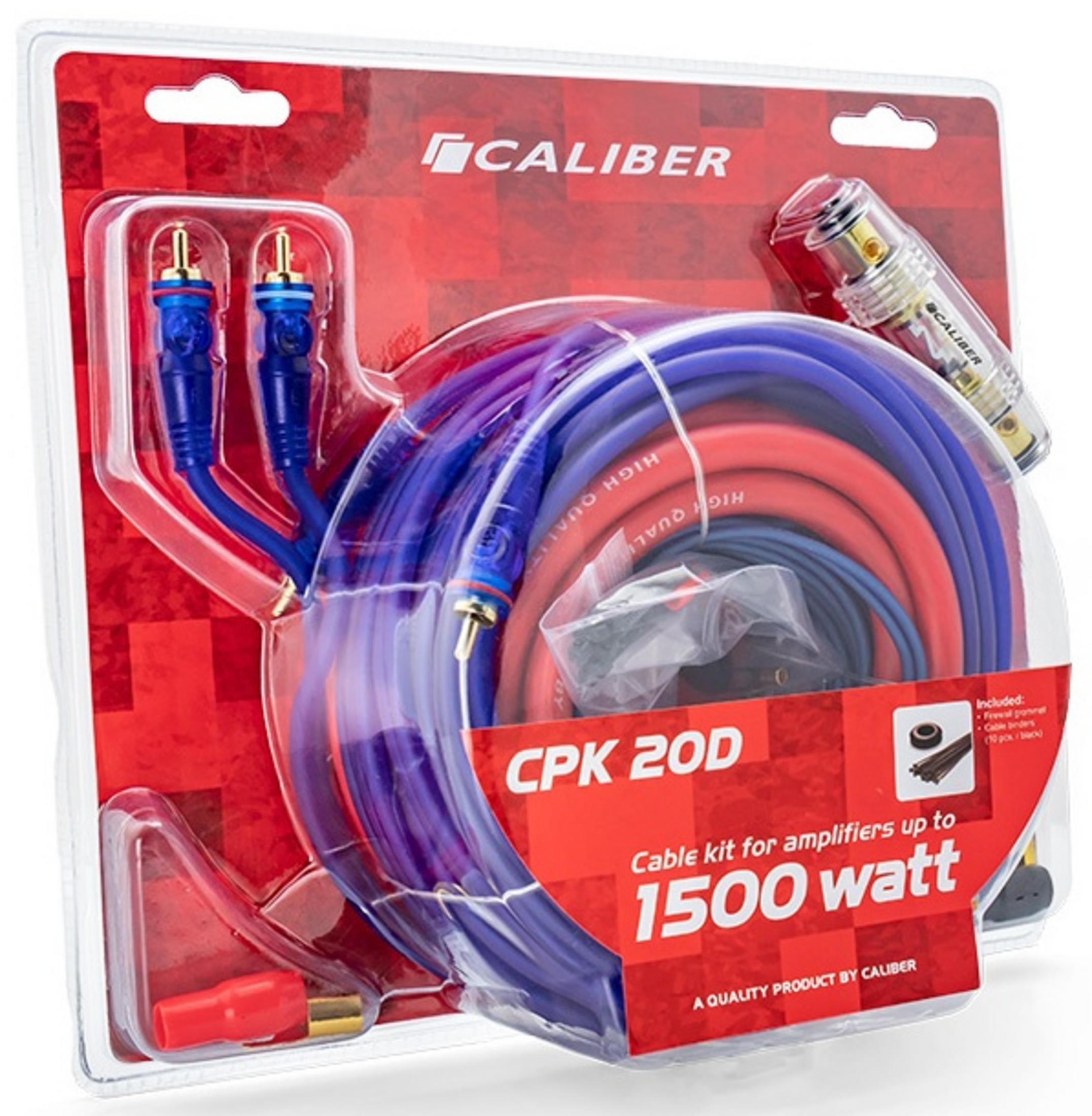 Ein Caliber 1500-Watt-Kabelkit mit roten und blauen Kabeln, Anschlüssen und einem Sicherungshalter.