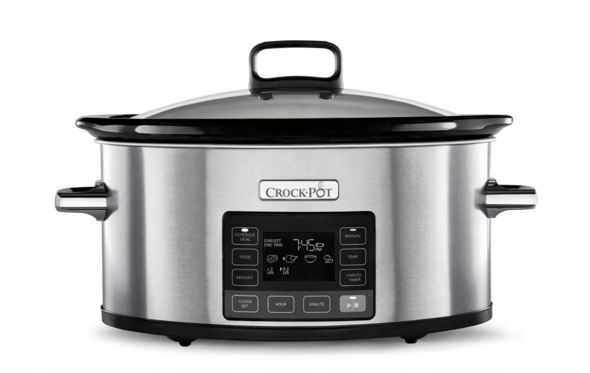 Srebrny Crock-Pot z cyfrowym wyświetlaczem i szklaną pokrywą, na białym tle.