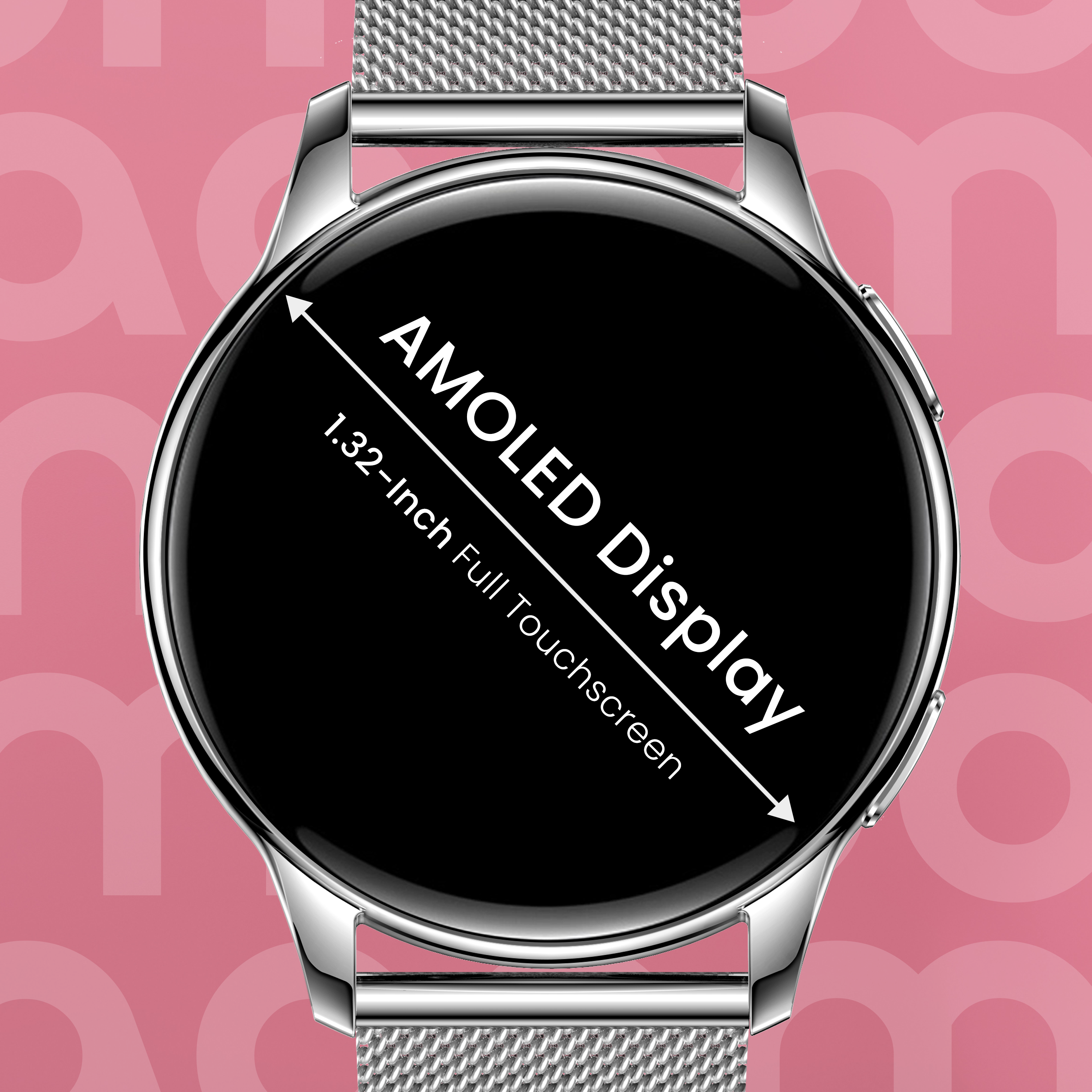 Uno smartwatch argentato con display AMOLED e touchscreen su sfondo rosa.