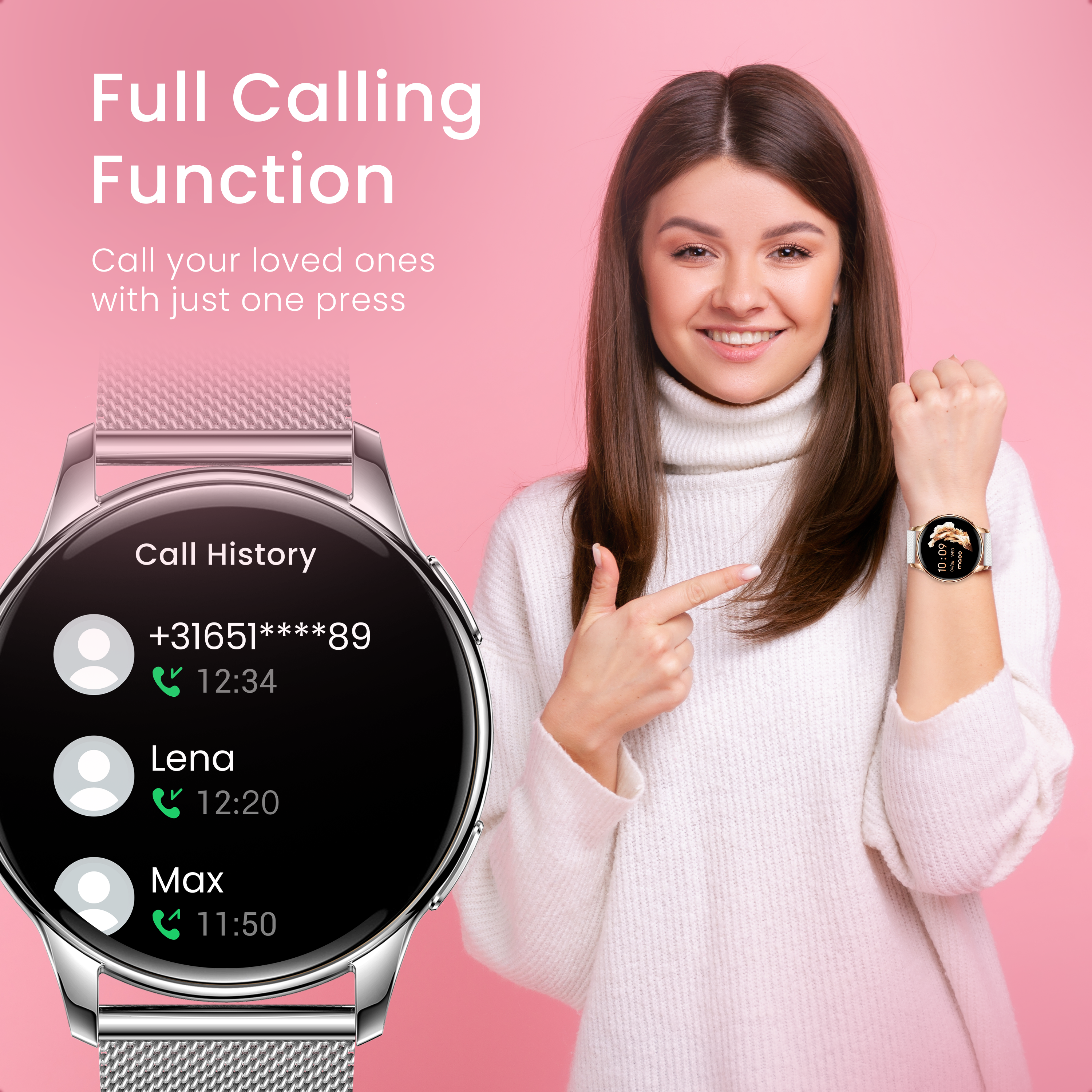 Una donna indica il display del suo smartwatch con cronologia chiamate. Sfondo rosa.