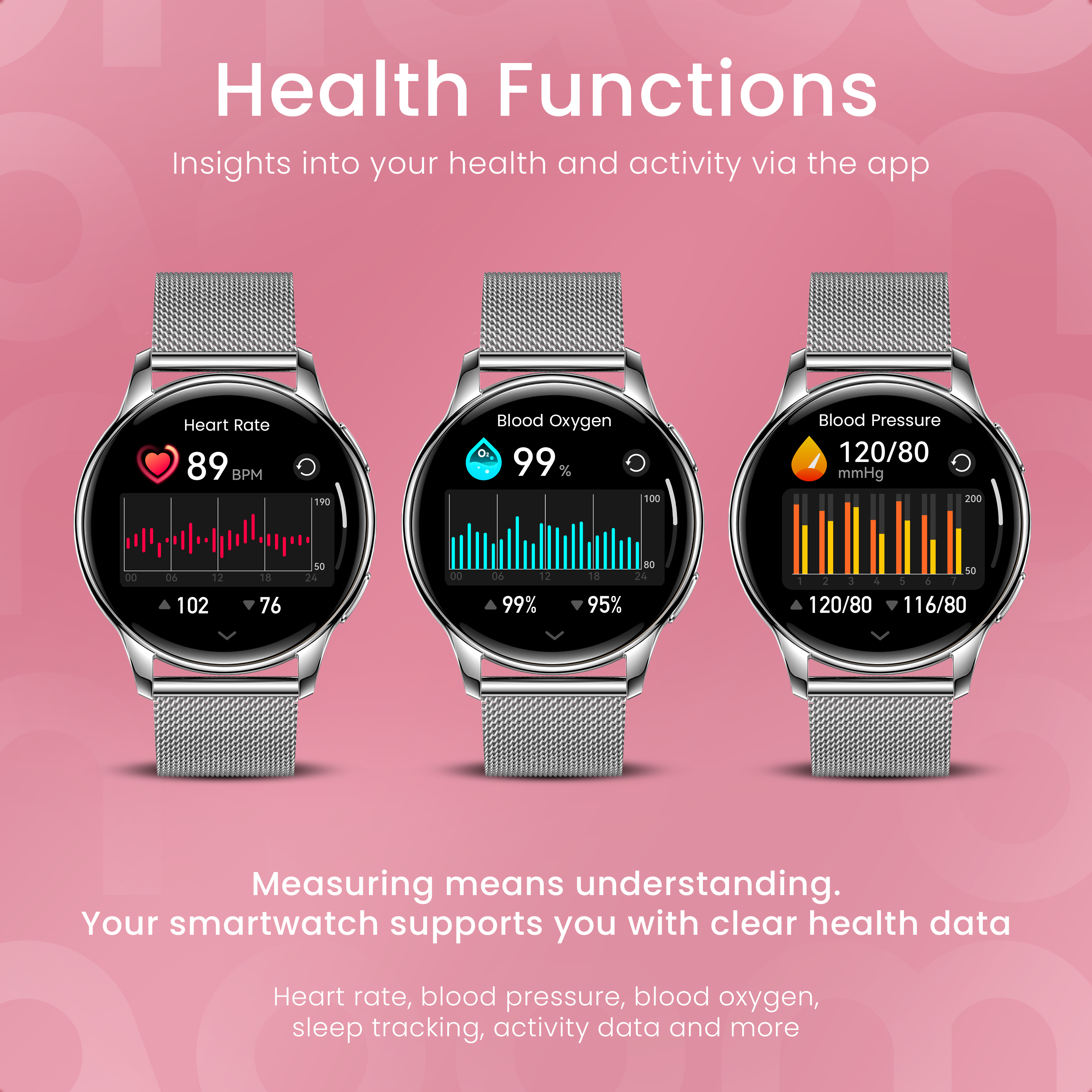 Tre smartwatch mostrano dati sanitari: battito cardiaco, ossigeno nel sangue e pressione.