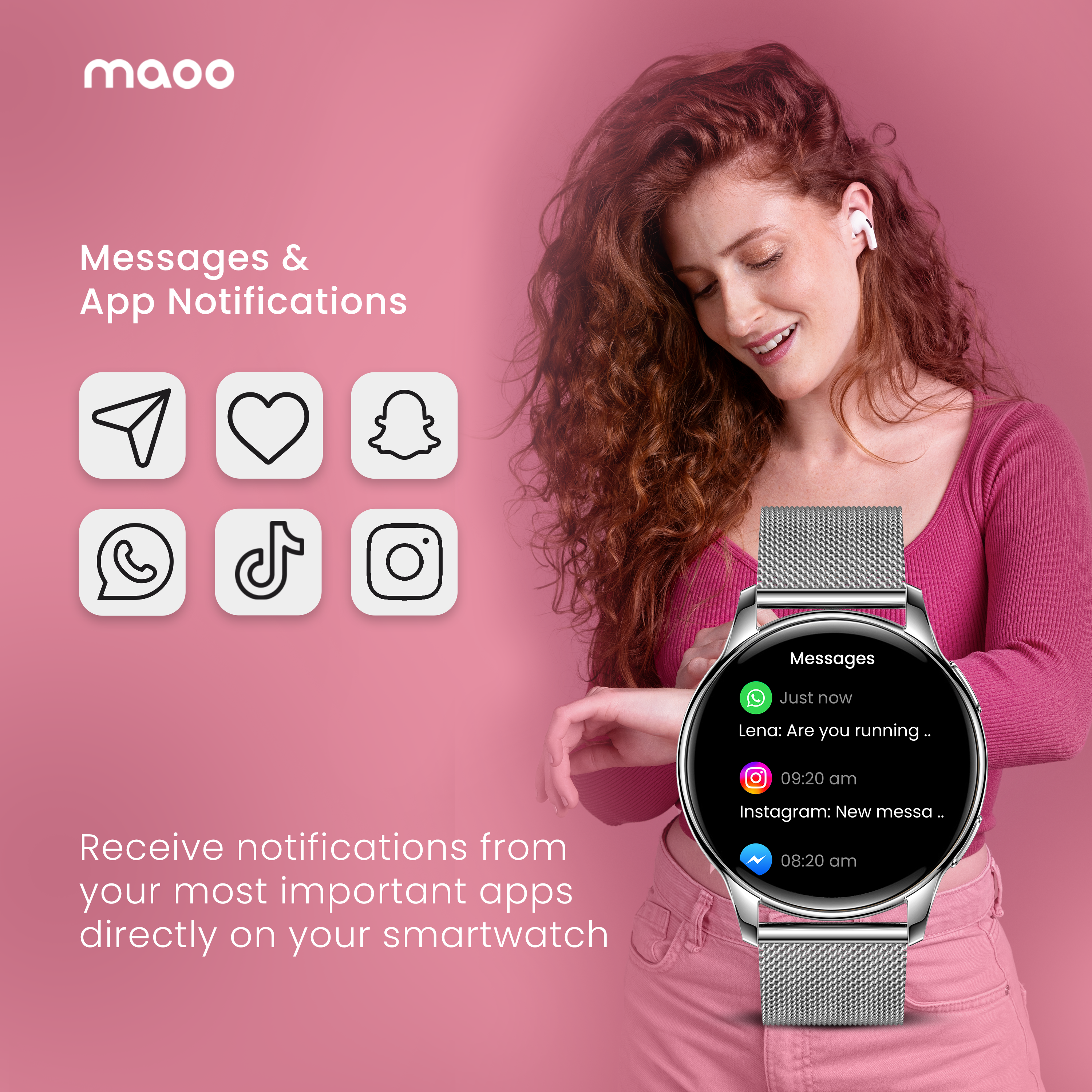 Donna con capelli rossi indossa smartwatch con messaggi e icone app.