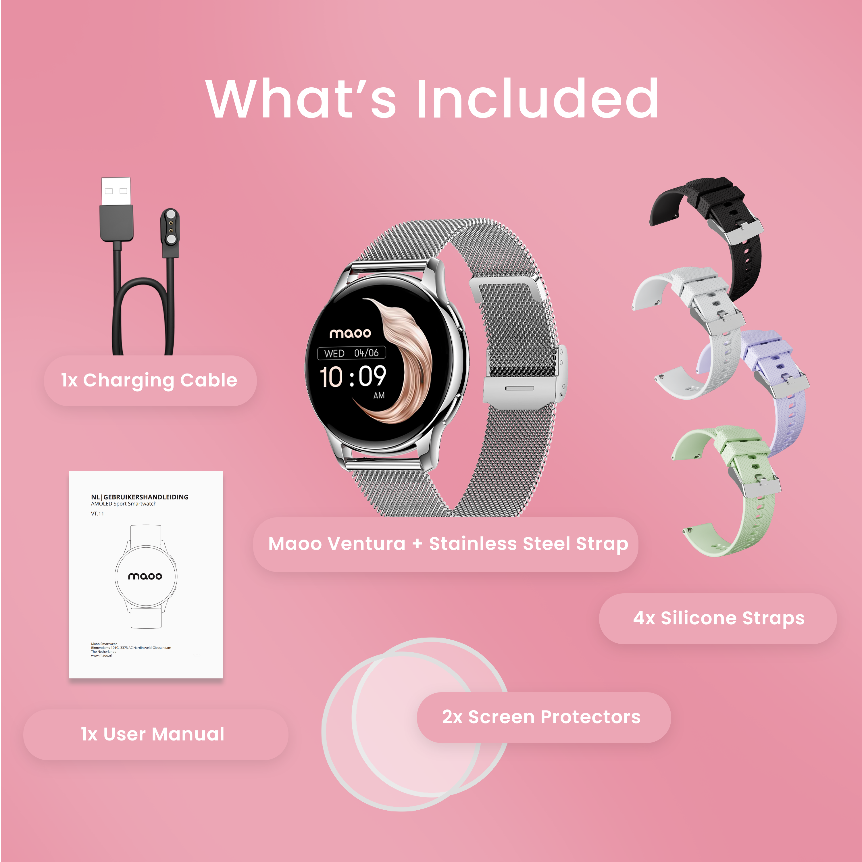 Include: Cavo di ricarica, smartwatch con cinturino in acciaio inossidabile, 4 cinturini in silicone, 2 proteggi schermo, manuale.