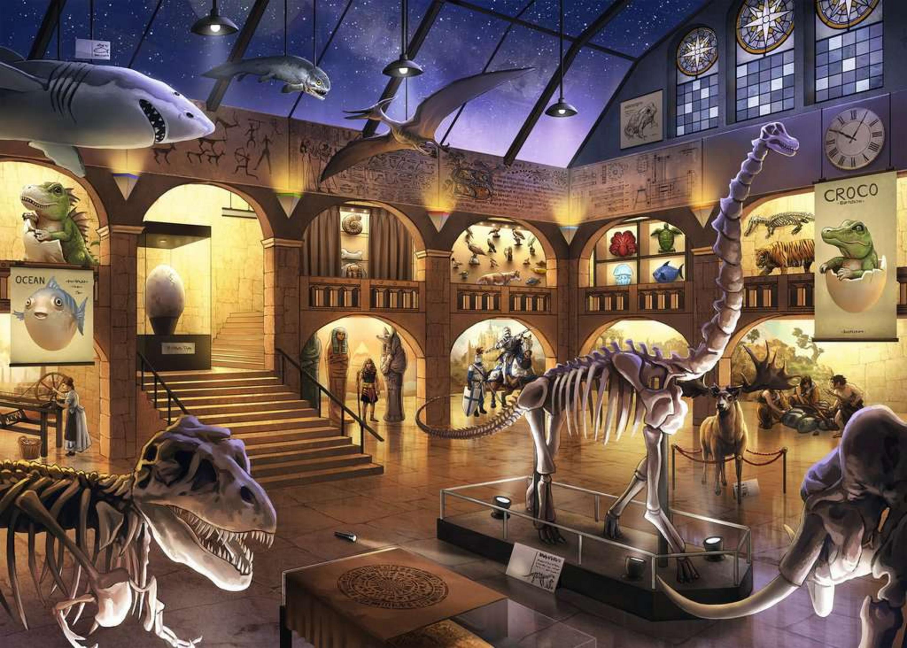 Un museo con esqueletos de dinosaurios, animales extintos y artefactos.