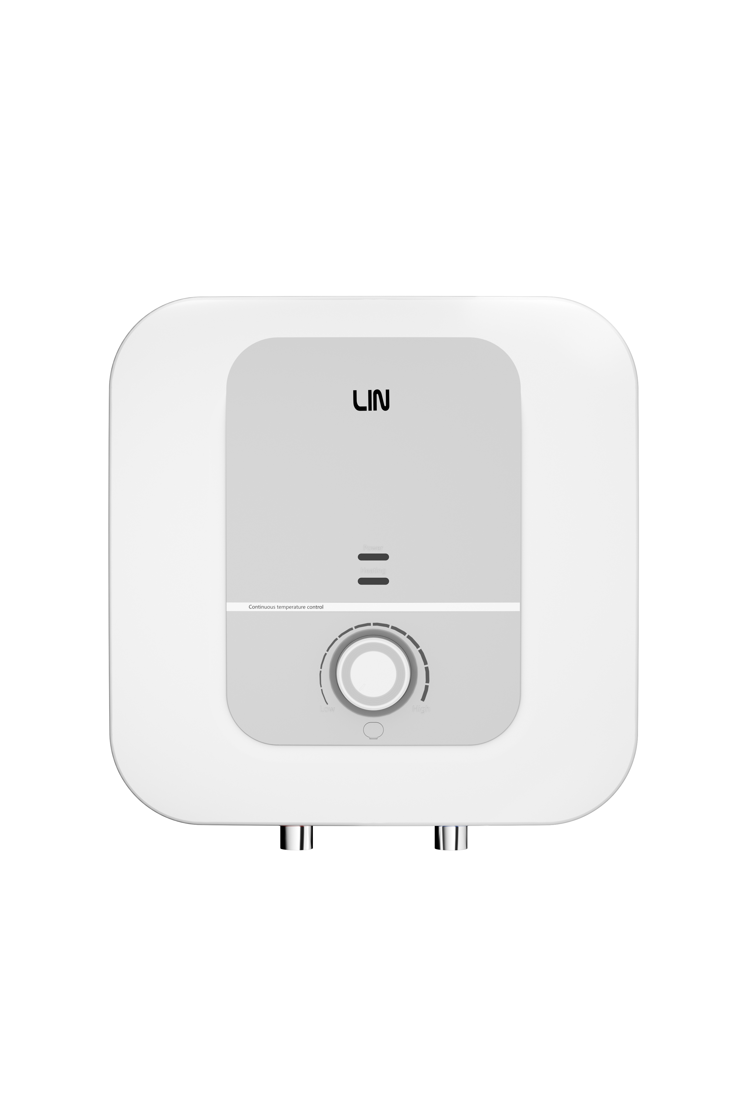 Scaldabagno bianco con logo LIN, quadrante temperatura e due connettori.