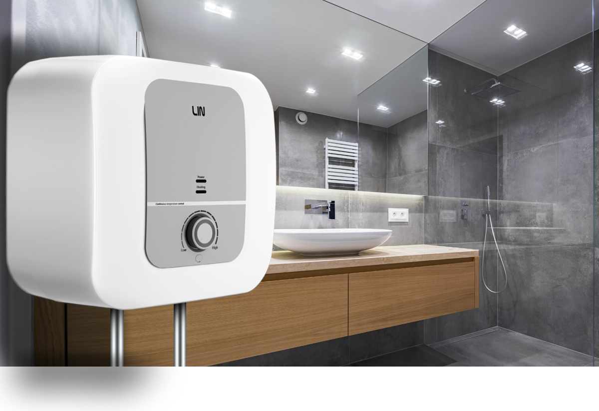 Scaldabagno bianco con quadrante di fronte a un bagno moderno.