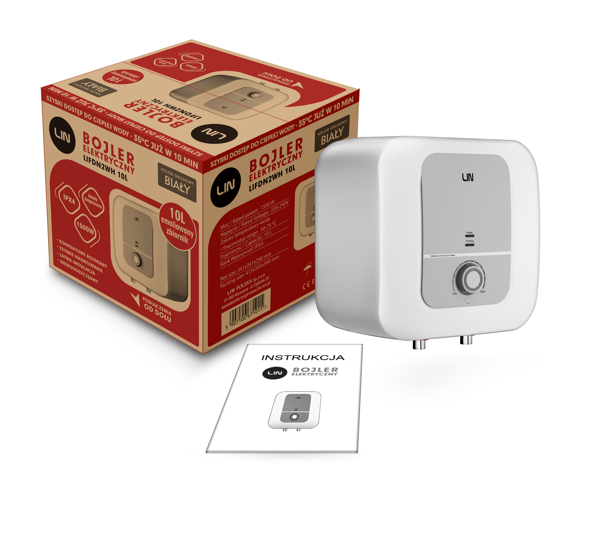 Scaldabagno elettrico LIN bianco in scatola con manuale. Capacità 10L.