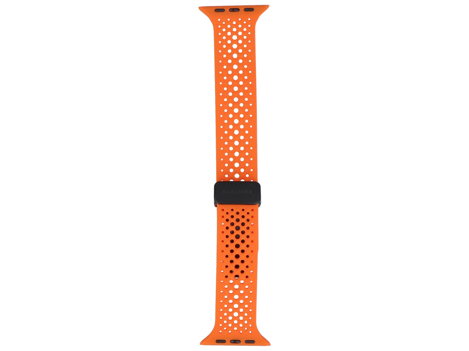 Pomarańczowa opaska Apple Watch z wieloma małymi dziurkami i czarnym zapięciem.