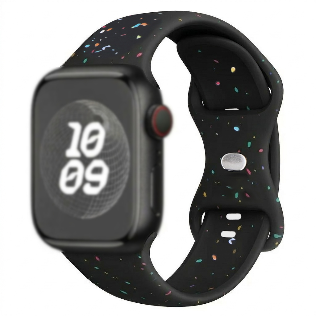 Czarny smartwatch z kolorową, nakrapianą bransoletą. Na ekranie wyświetla się godzina 10:09.