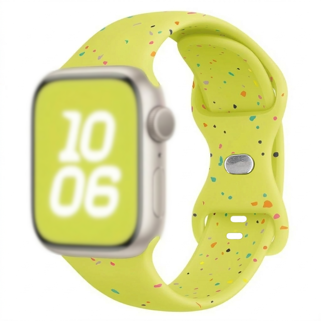 Jasnozielony smartwatch z kolorowym, nakrapianym wzorem i srebrnym zapięciem.