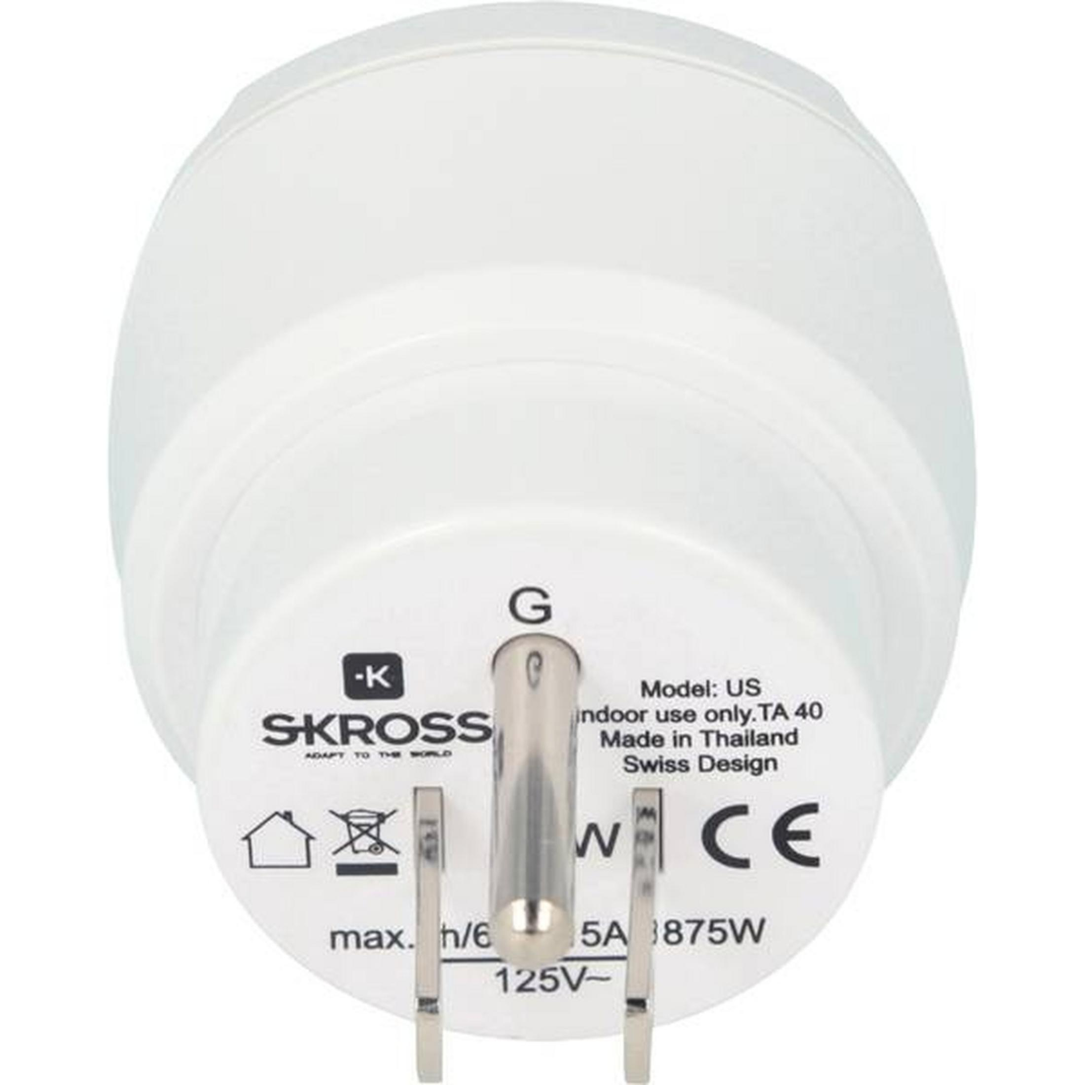 Weißer Reiseadapter mit SKROSS-Logo, Modell: US, 125V~, 5A, 3875W.