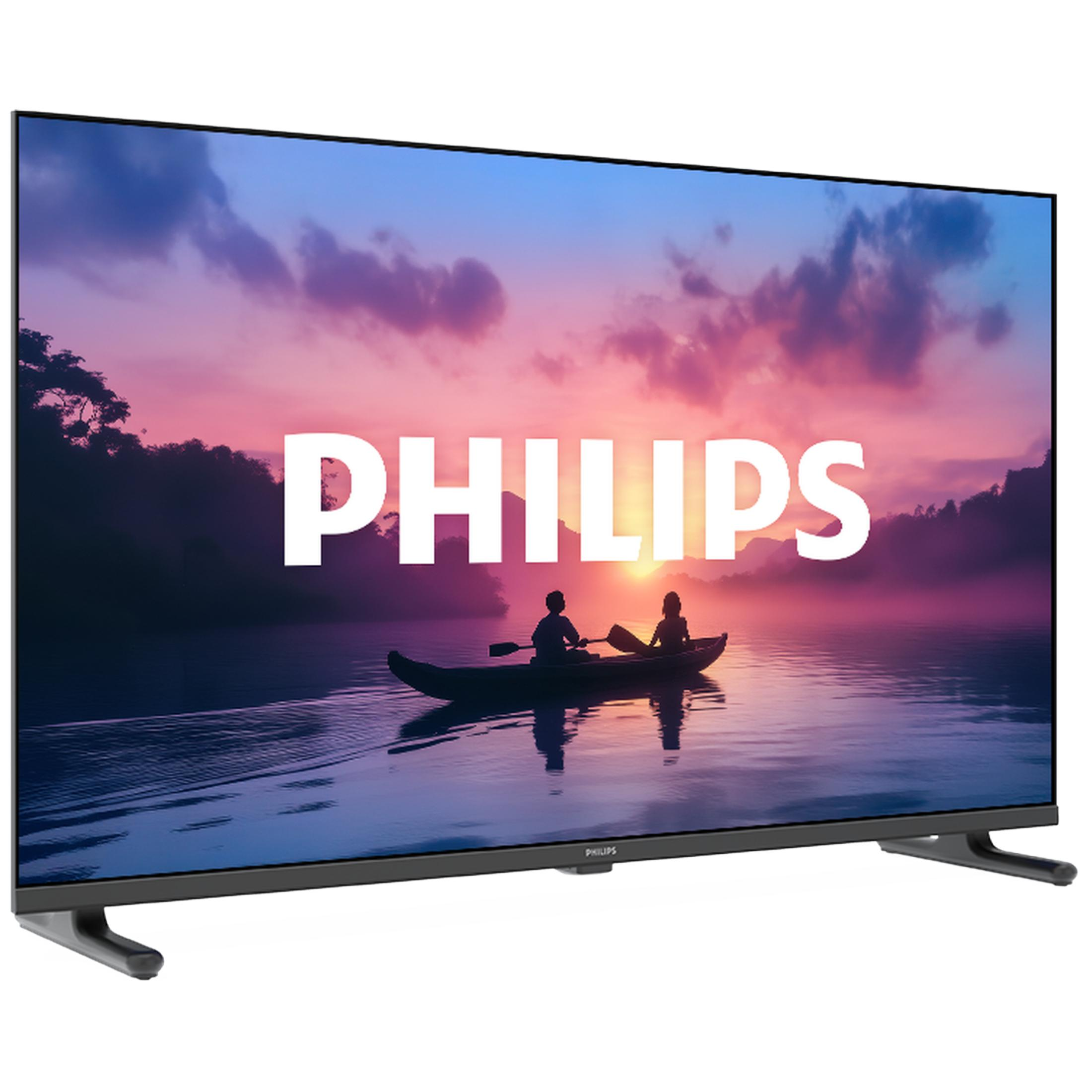 Telewizor wyświetla krajobraz z łodzią i logo Philips.