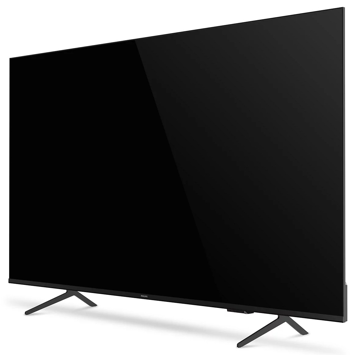 Czarny telewizor o eleganckim designie z wąską podstawą.