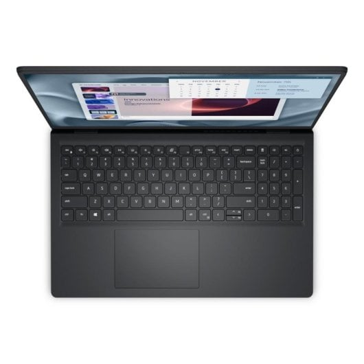 Vista superior de un portátil negro abierto que muestra teclado, trackpad y pantalla con gráficos.