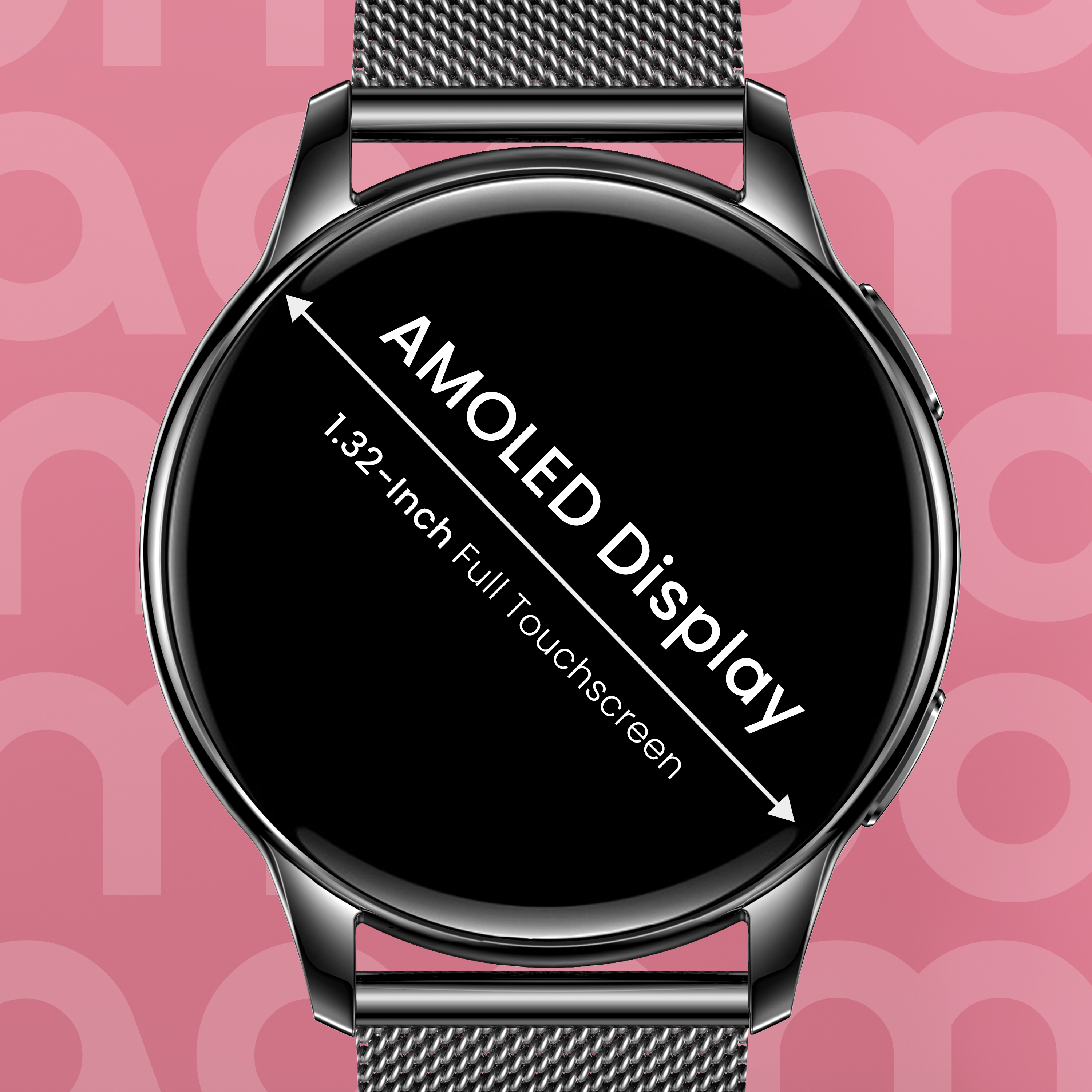 Uno smartwatch con cinturino in metallo argentato e display AMOLED nero.