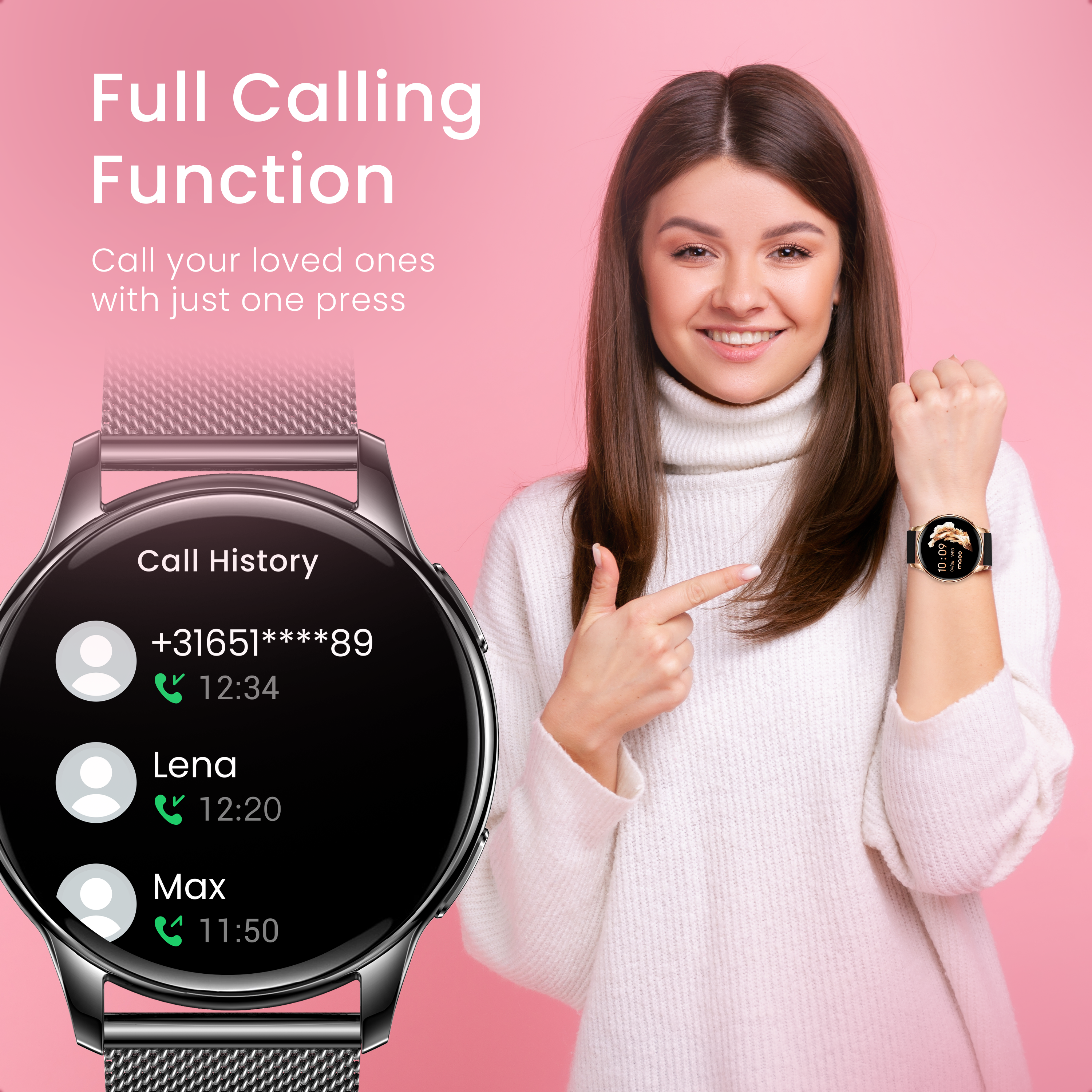 Donna con smartwatch che indica lo schermo con cronologia chiamate. Sfondo rosa.