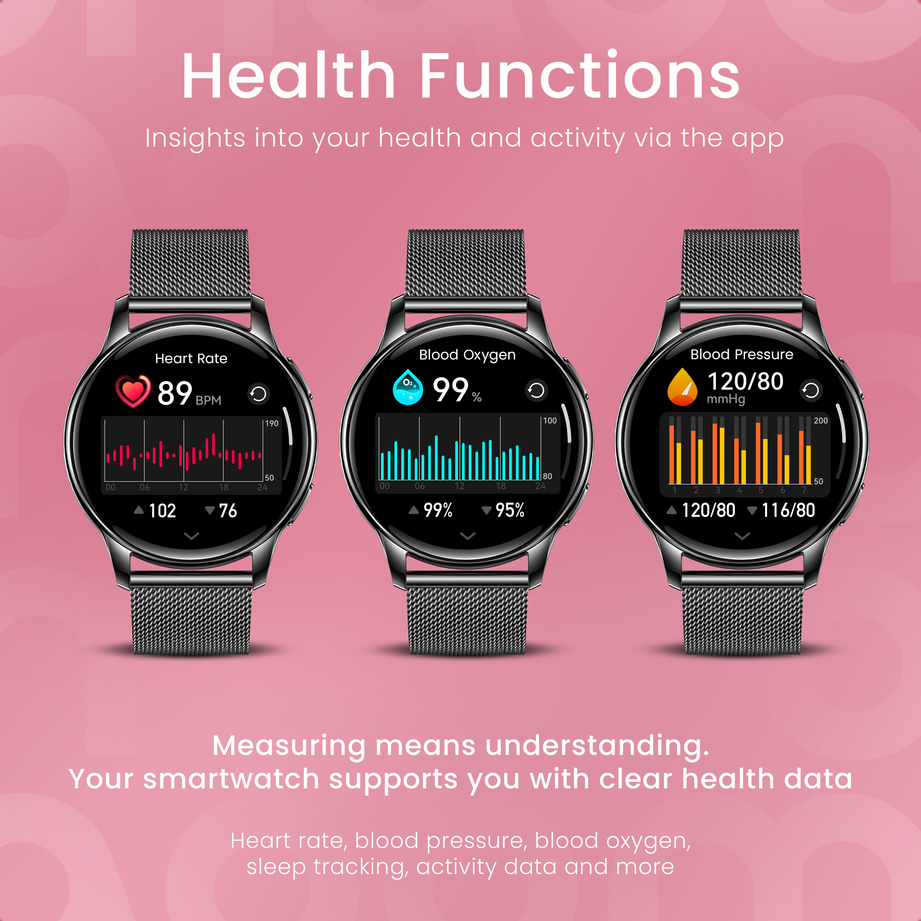 Tre smartwatch mostrano dati sanitari: battito cardiaco, ossigeno nel sangue e pressione.