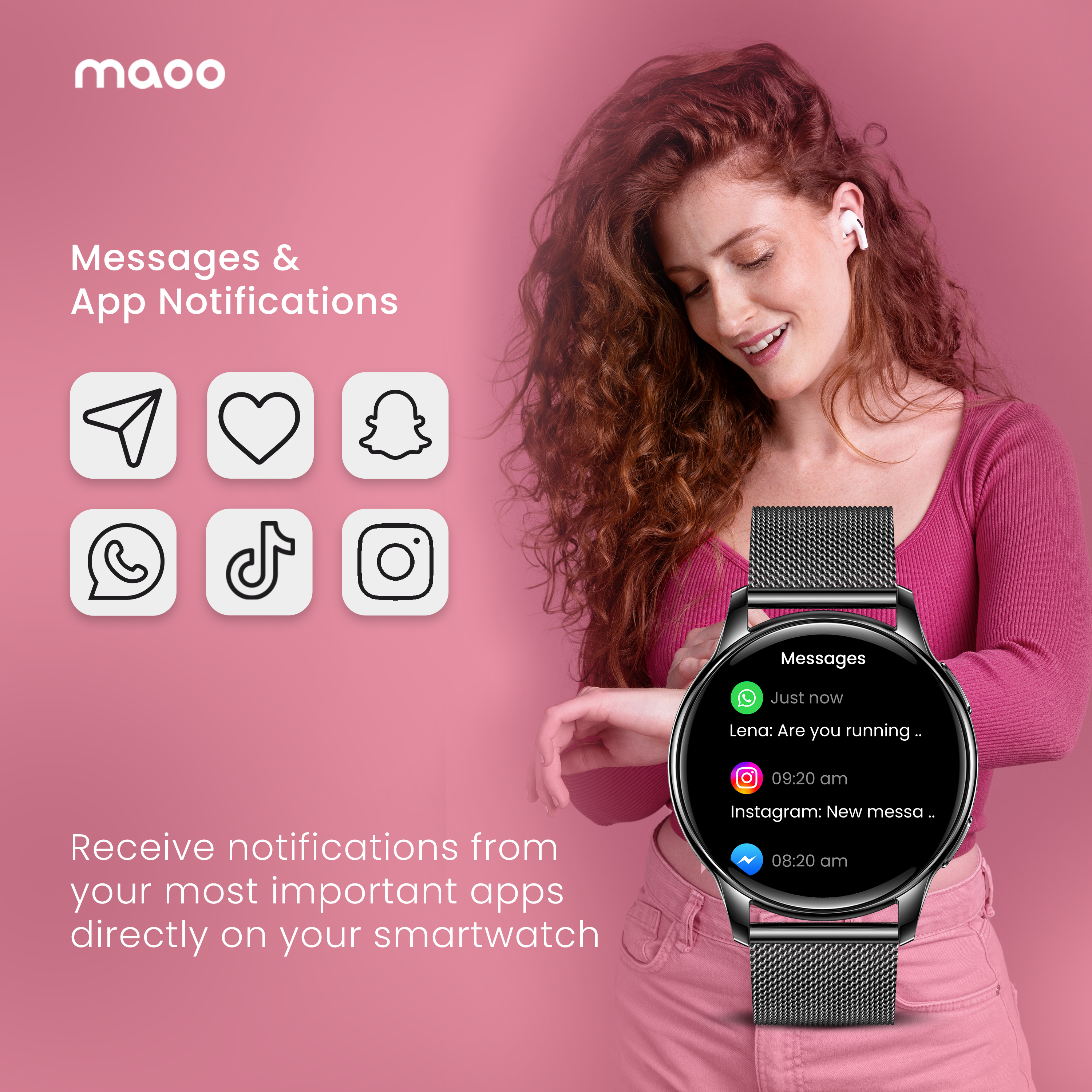 Una donna con capelli rossi indossa uno smartwatch che mostra messaggi. Icone di app visibili.
