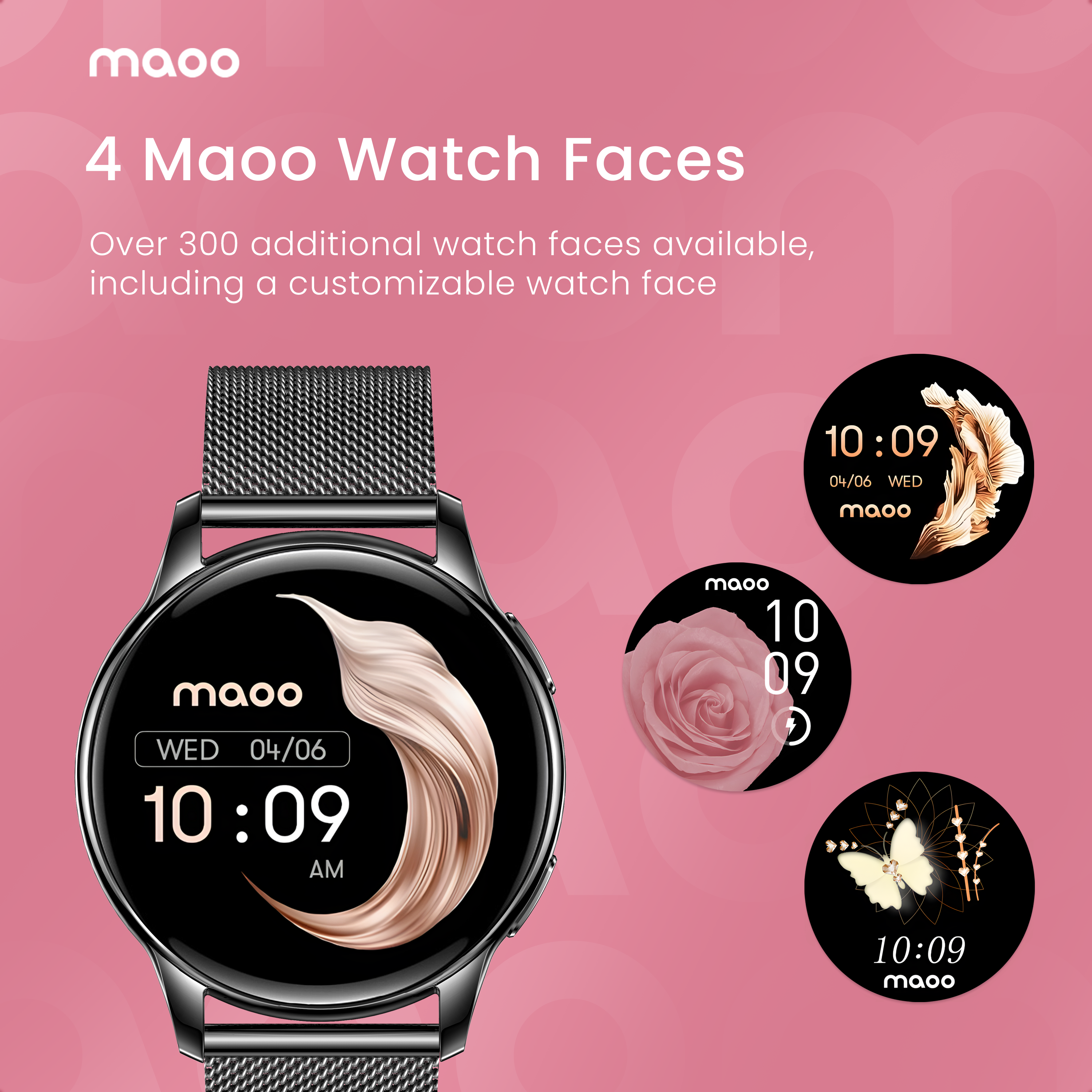 Uno smartwatch che mostra quattro quadranti: uno con un ventaglio color crema, uno con una rosa, uno con una farfalla.