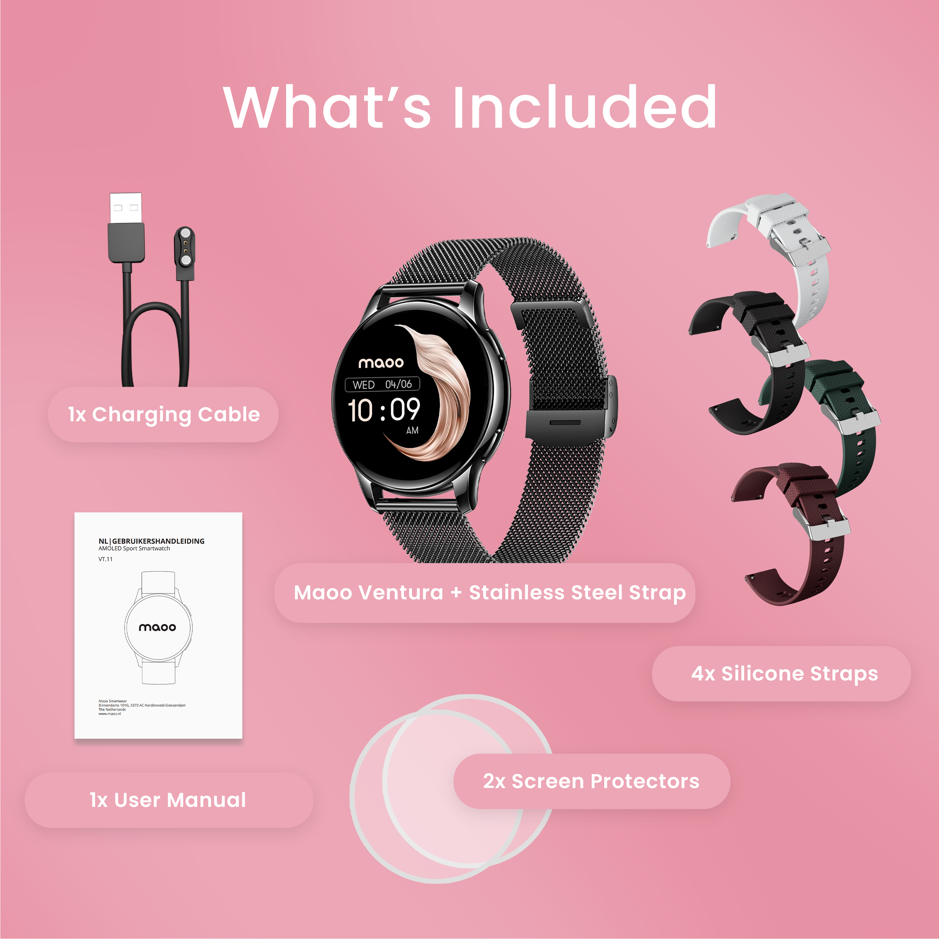 Include smartwatch, cavo di ricarica, 4 cinturini, 2 protezioni schermo e manuale.