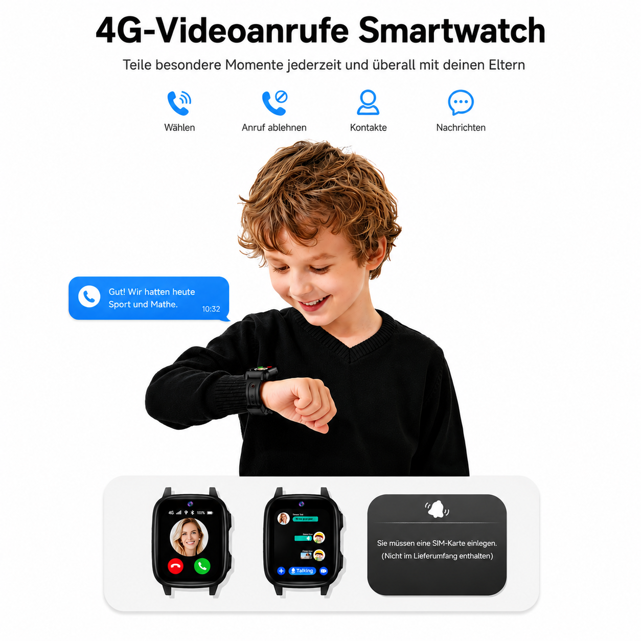 Junge schaut auf Smartwatch mit Anruf- und Nachrichten-Icons. Drei Smartwatch-Displays unten.
