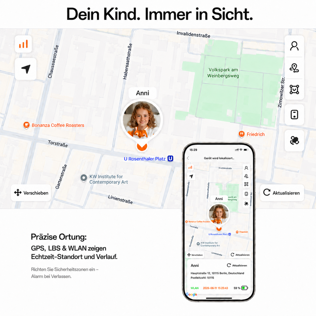 Karte zeigt Kind Anni, Standort Volkspark am Weinbergsweg, mit Handy-App.