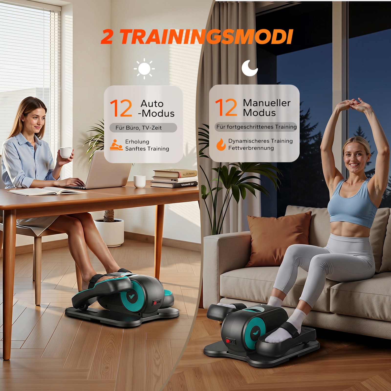 Zwei Trainingsmodi: Auto für Büro/TV und Manueller für intensives Training.