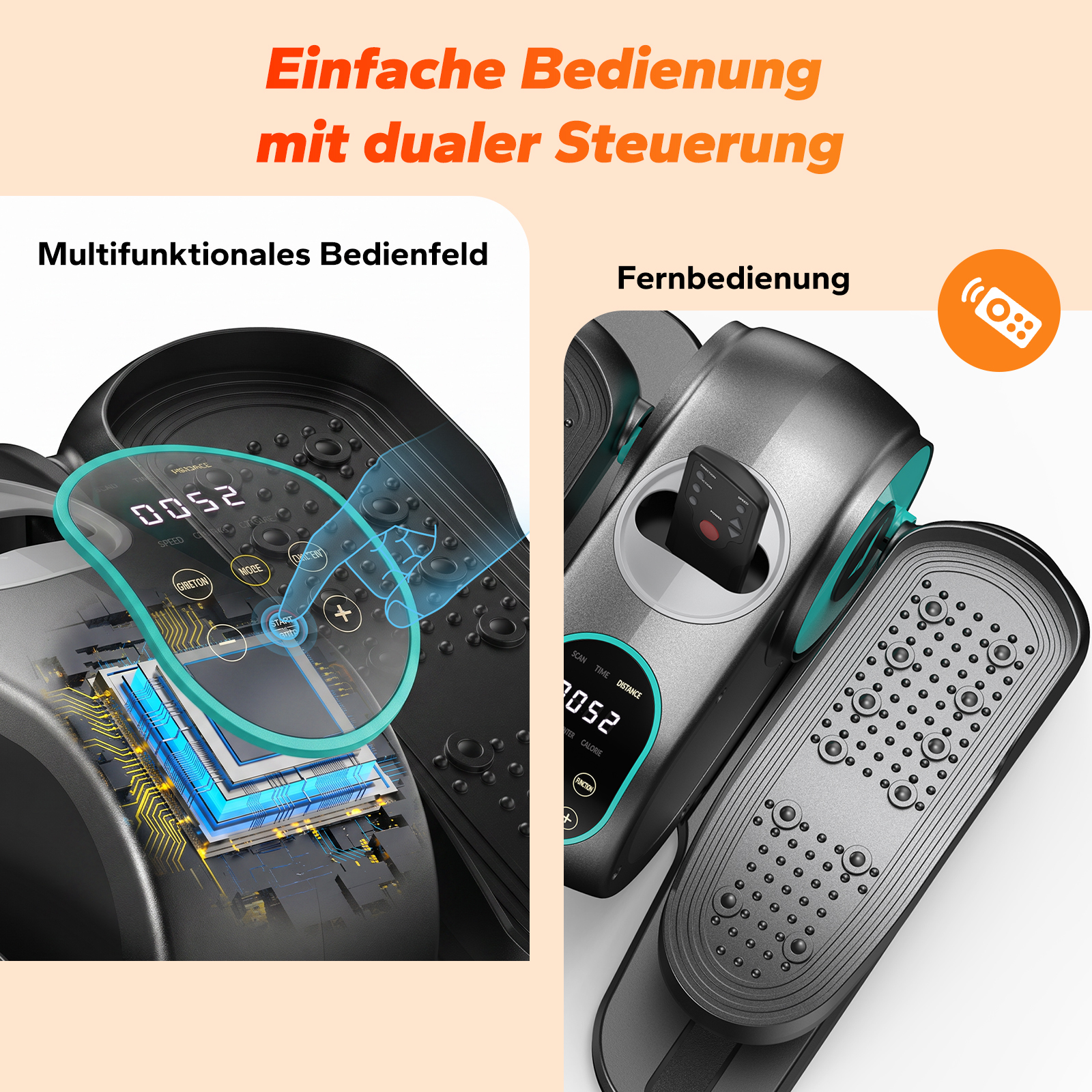 Zwei Steuerungsoptionen für ein Ellipsentrainer: Bedienfeld und Fernbedienung.