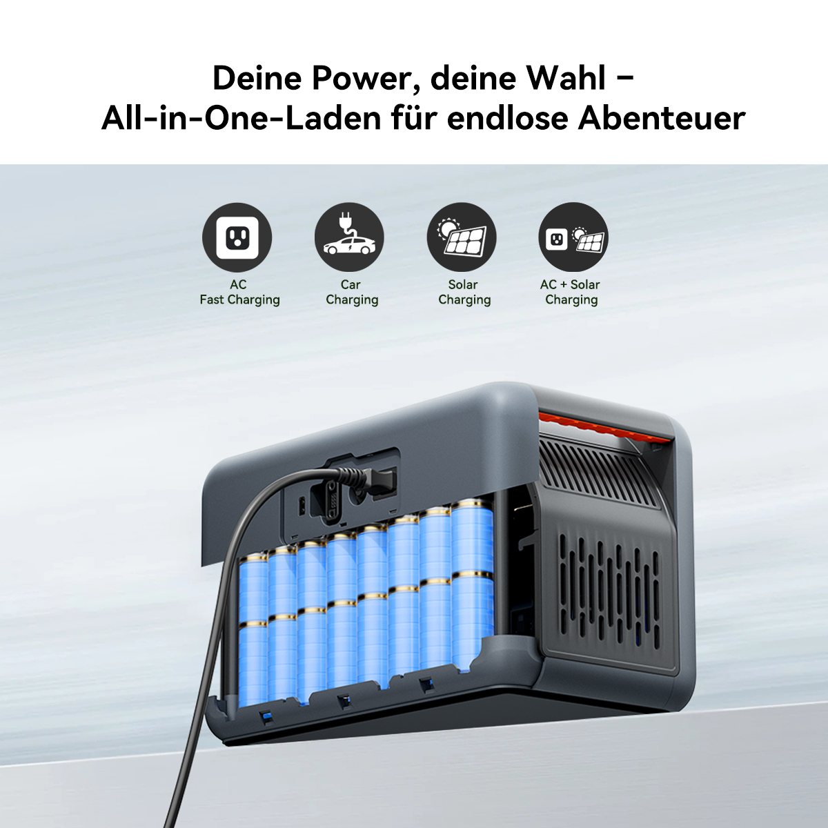 Ein tragbares Kraftwerk mit sichtbaren Batterien und Ladeoptionen: AC, Auto, Solar.