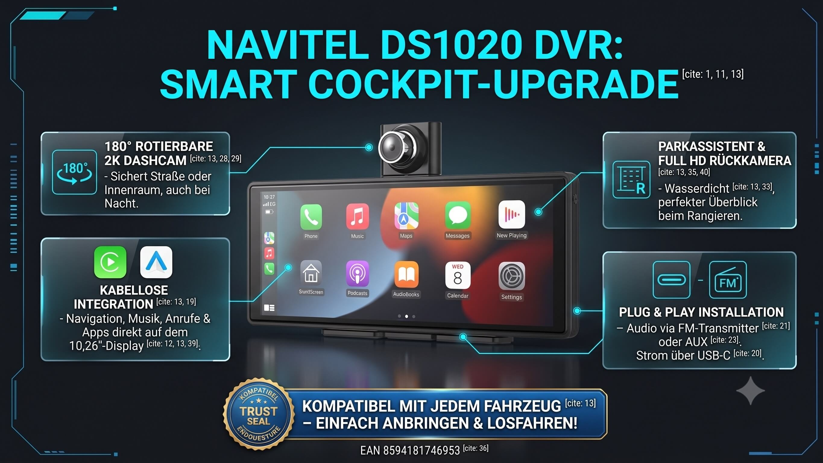 Navitel DS1020 DVR Smart Cockpit Upgrade mit 180° rotierbarer 2K Dashcam, Rückkamera & 10,26" Display.