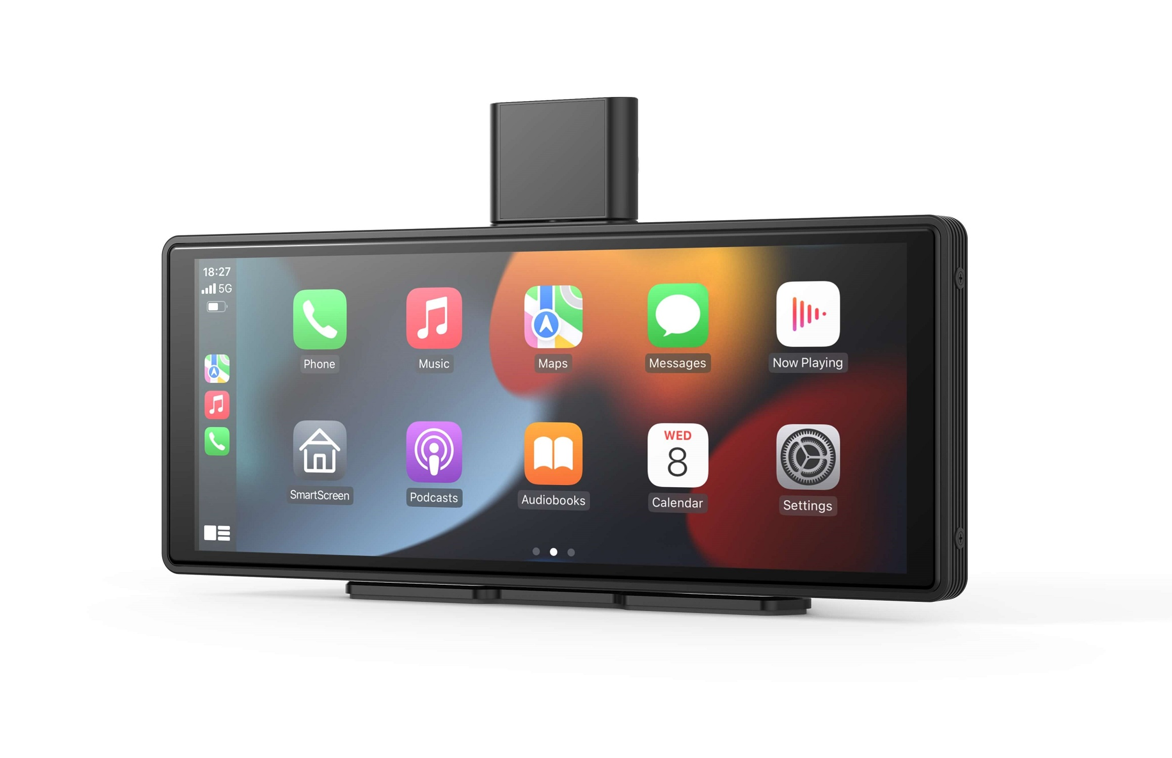 Ein Auto-Infotainment-Bildschirm mit App-Symbolen wie Telefon, Musik und Karten.
