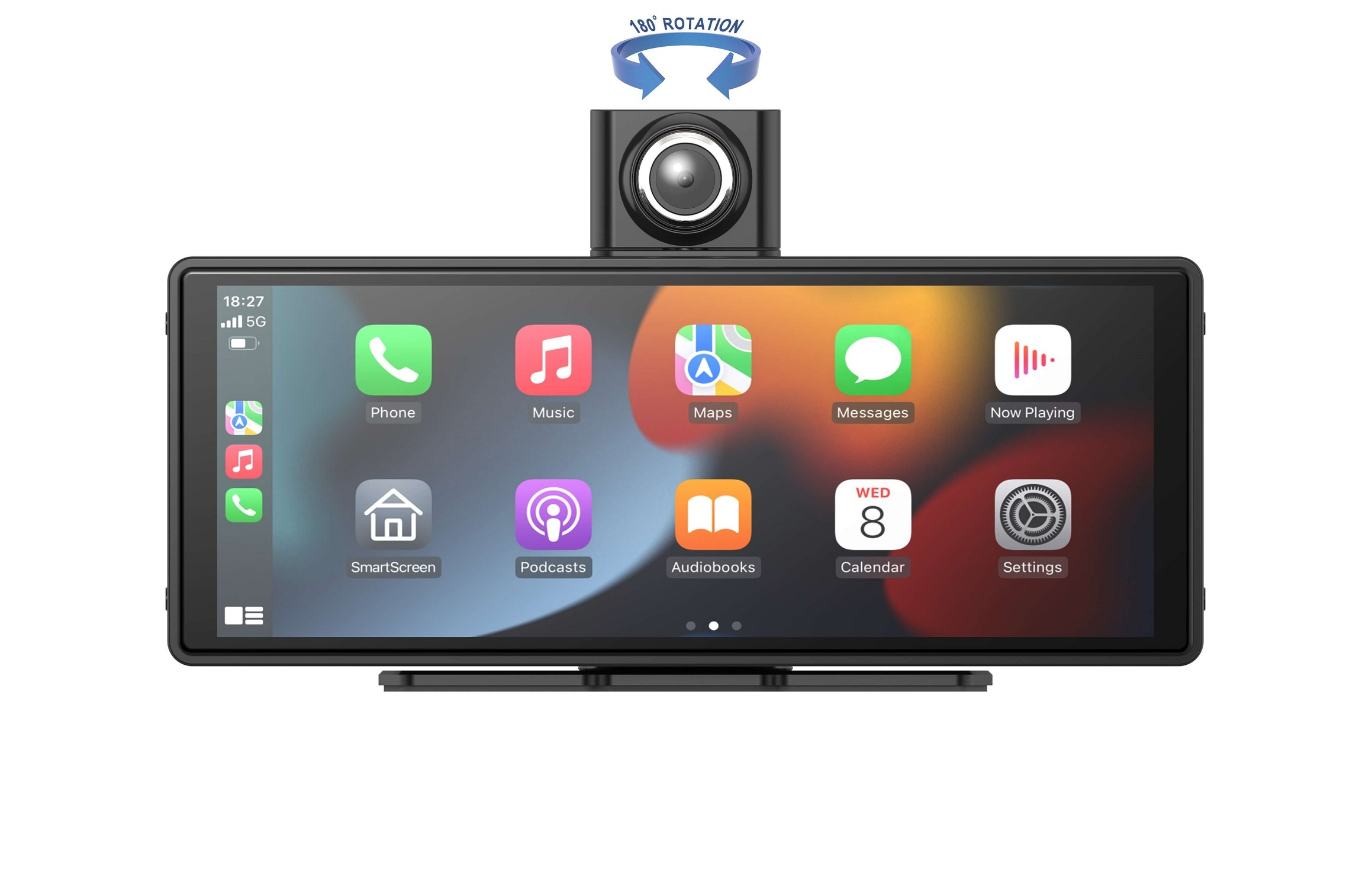 Autodisplay zeigt Apps: Telefon, Musik, Karten, Nachrichten, Wiedergabe, SmartScreen, Podcasts, Hörbücher, Kalender, Einstellungen. Eine Kamera ist oben montiert.