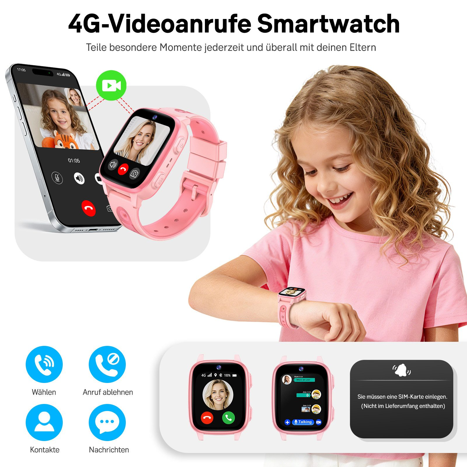 Mädchen mit pinker Smartwatch und Smartphone, zeigt Videoanrufe.