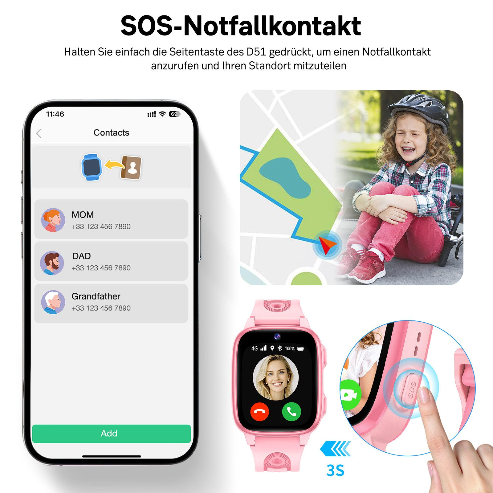 Smartwatch-App zeigt Kontakte, eine Karte und ein Kind mit Helm.