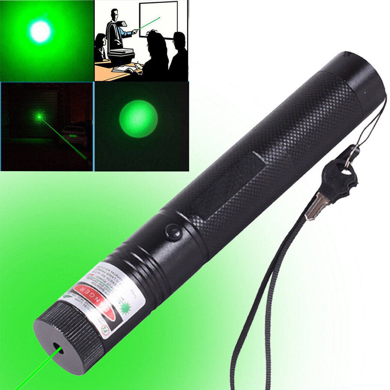 Schwarzer Laserpointer mit Schlüsselschalter, grüner Strahl, vier kleine Bilder.