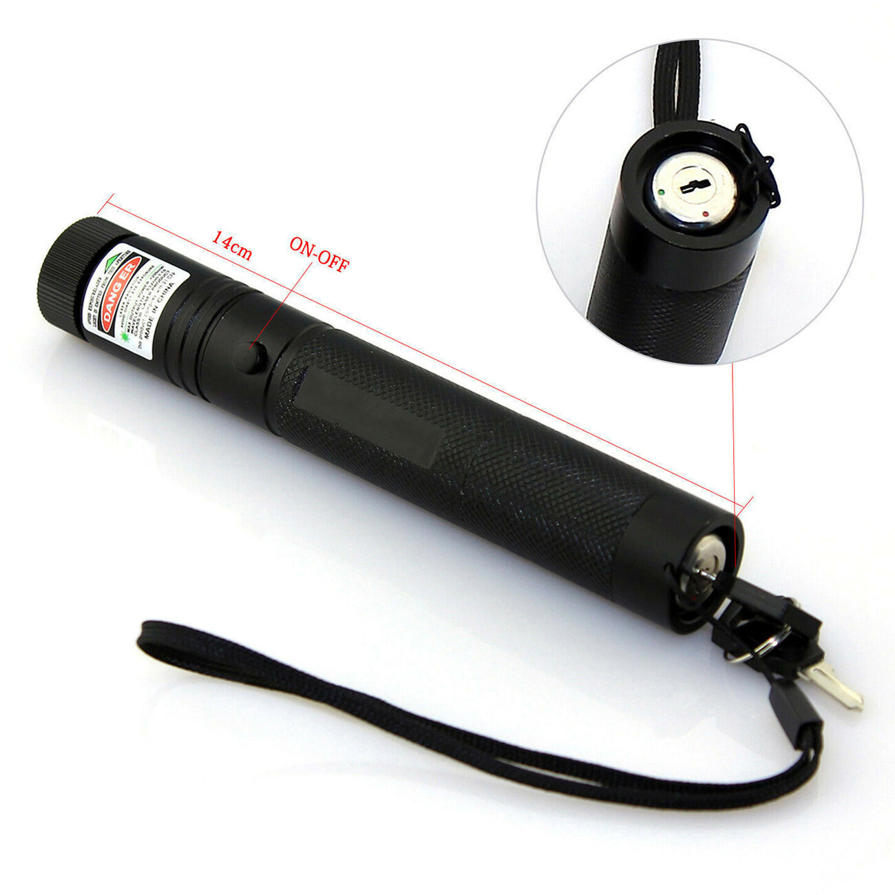 Schwarzer Laserpointer mit Schlüsselschalter und Lanyard. 14cm lang.