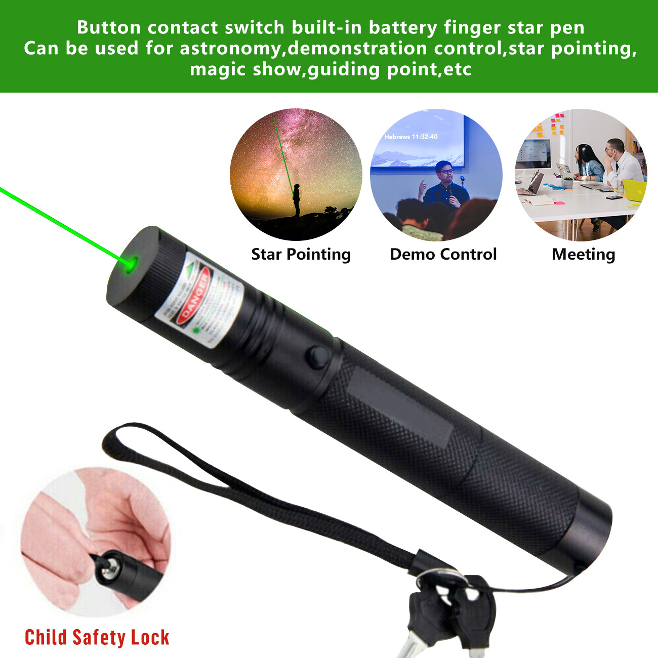 Schwarzer Laserpointer mit grünem Strahl, Sternen, Vortrag und Besprechung.