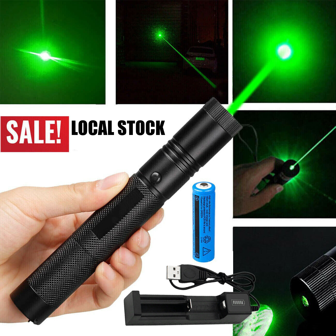 Schwarzer Laserpointer mit Zubehör: Akku, Ladegerät und USB-Kabel.