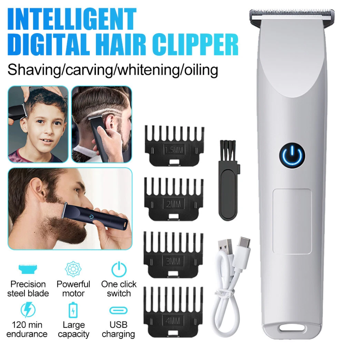 Intelligenter digitaler Haarschneider mit Zubehör, die ihn für verschiedene Styling-Bedürfnisse geeignet machen.